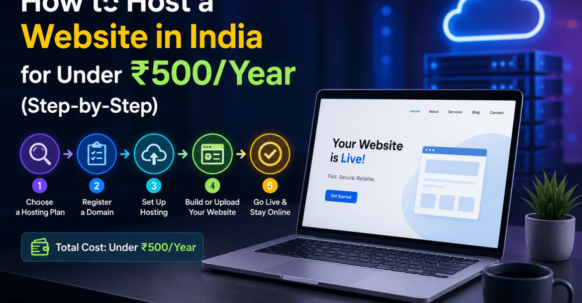 Step by step guide to host a website in India for under ₹500 per year showing domain and hosting setup